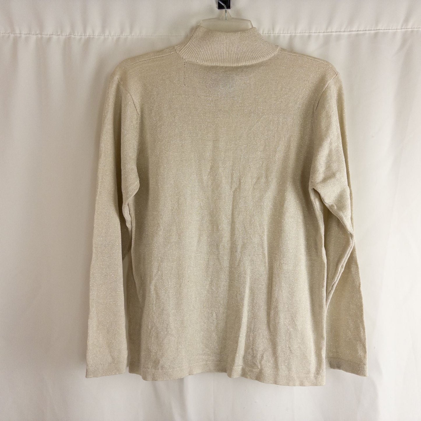 Silver knit long sleeve August Silk sweater with mock neckline laid flat showing subtle shimmer and texture image 6