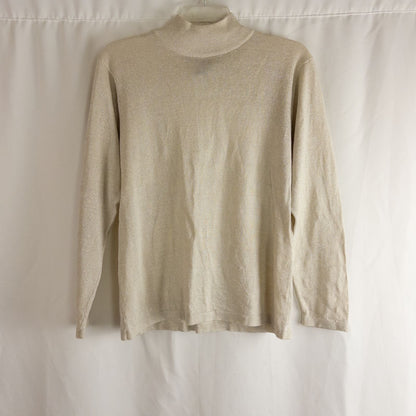 Silver knit long sleeve August Silk sweater with mock neckline laid flat showing subtle shimmer and texture