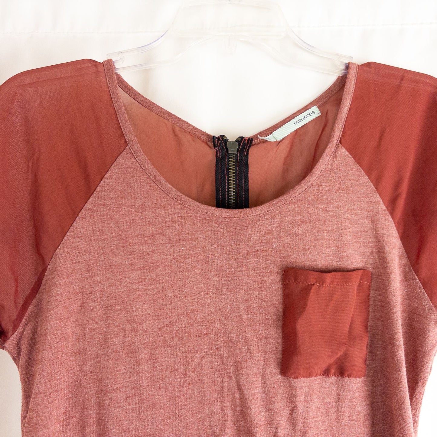 Maurices red salmon sheer back top with front pocket and back zipper closure size medium image 2