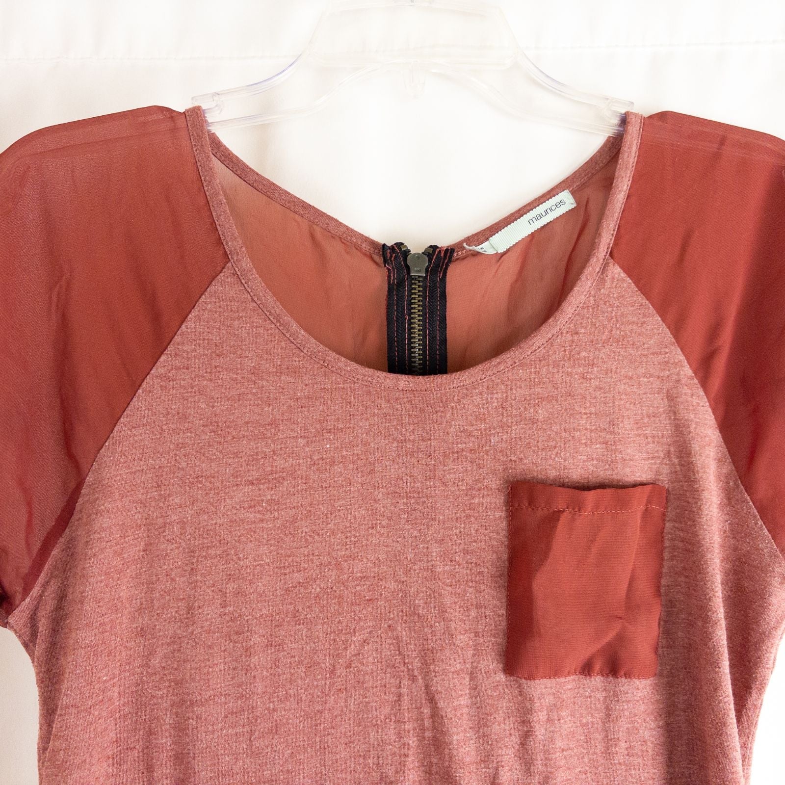 Maurices red salmon sheer back top with front pocket and back zipper closure size medium image 2