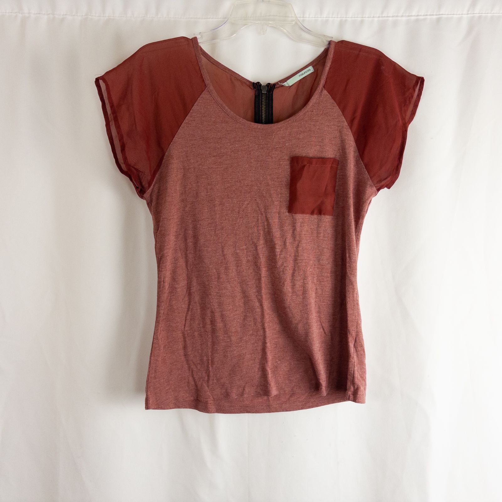 Maurices red salmon sheer back top with front pocket and back zipper closure size medium