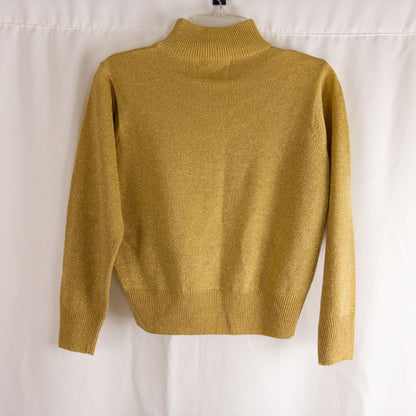 Dress Barn petite gold knit sweater with mock neck and long sleeves hung on a clear hanger image 5