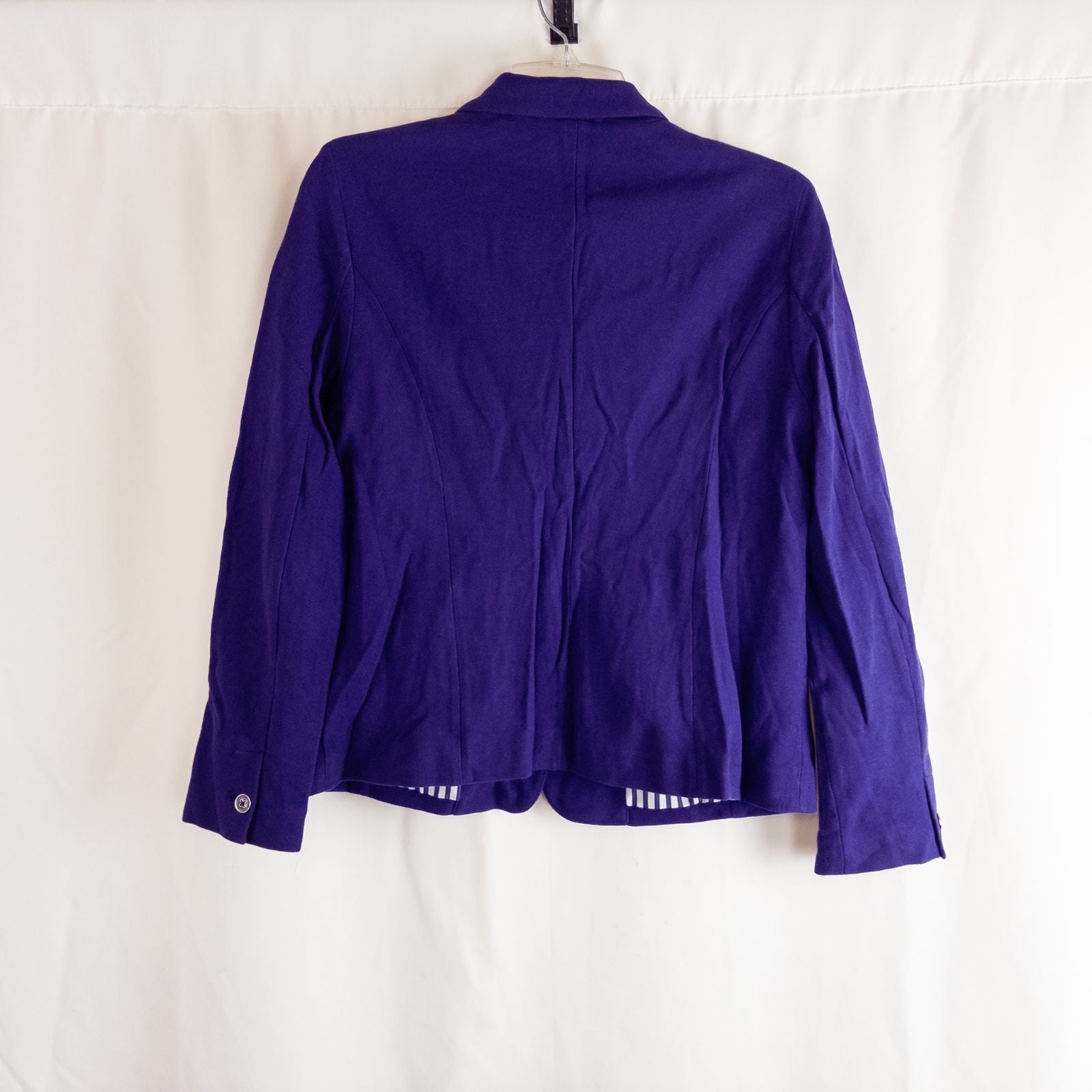 Chicos women's dark purple blazer with striped lining hanging on hanger image 8
