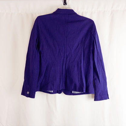 Chicos women's dark purple blazer with striped lining hanging on hanger image 8