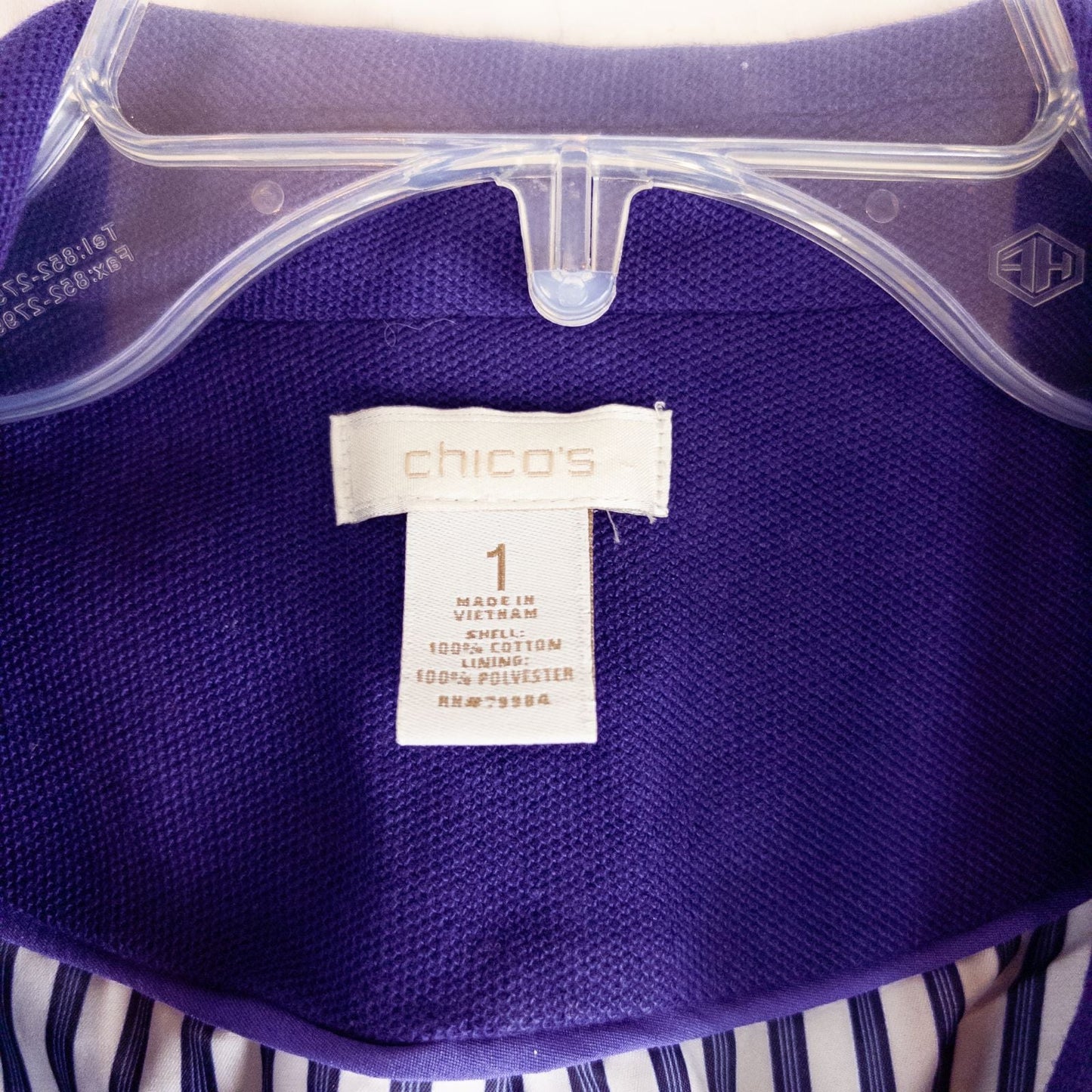 Chicos women's dark purple blazer with striped lining hanging on hanger image 9