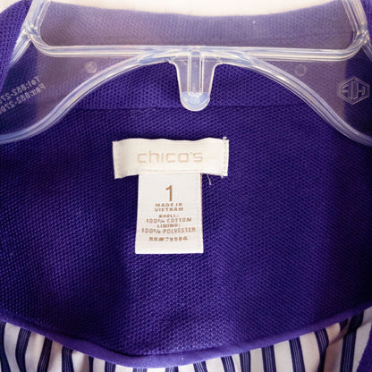 Chicos women's dark purple blazer with striped lining hanging on hanger image 9