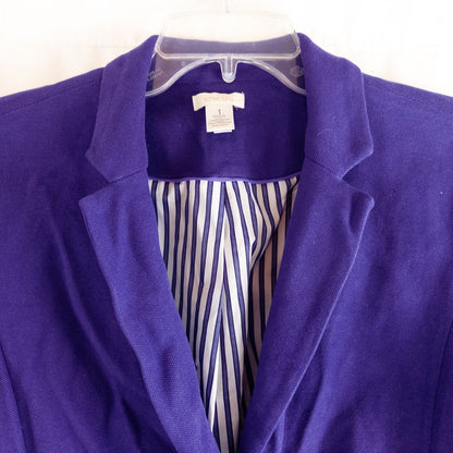 Chicos women's dark purple blazer with striped lining hanging on hanger image 2