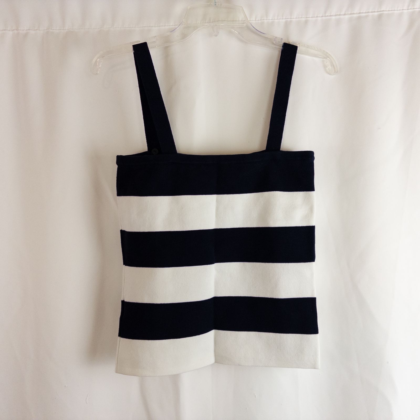 Dana Buchman vintage striped blue and white convertible tank top with drawstring and buttoned straps on clear hanger image 6