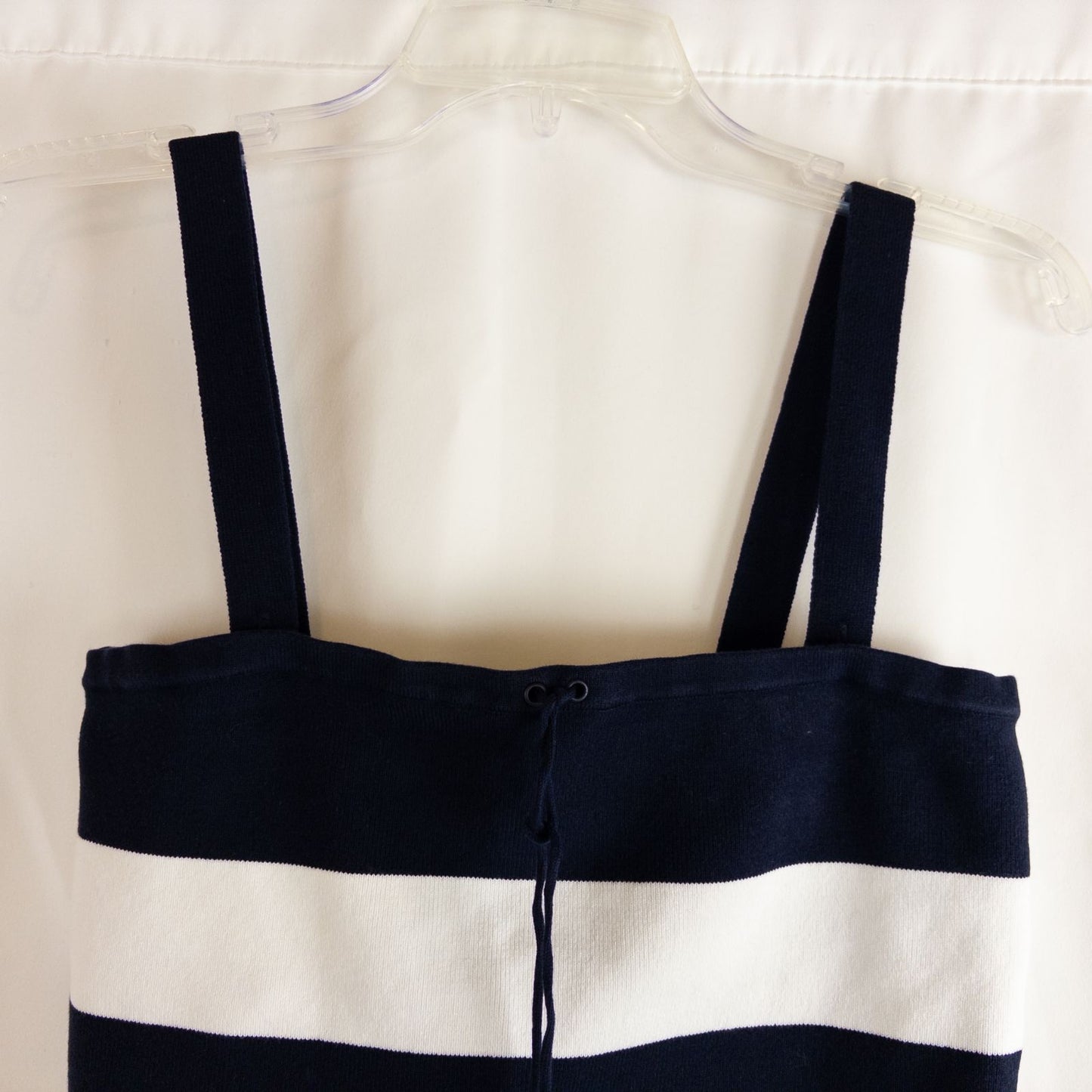Dana Buchman vintage striped blue and white convertible tank top with drawstring and buttoned straps on clear hanger image 3