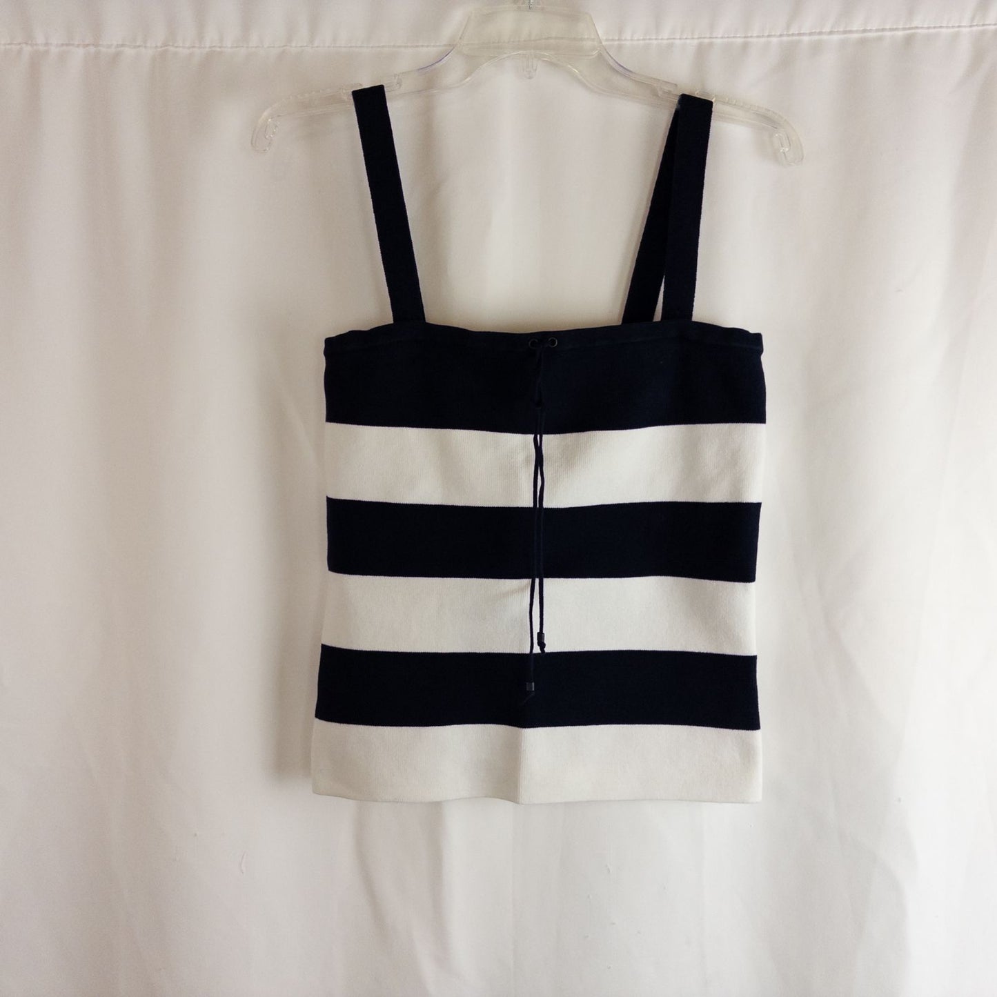 Dana Buchman vintage striped blue and white convertible tank top with drawstring and buttoned straps on clear hanger