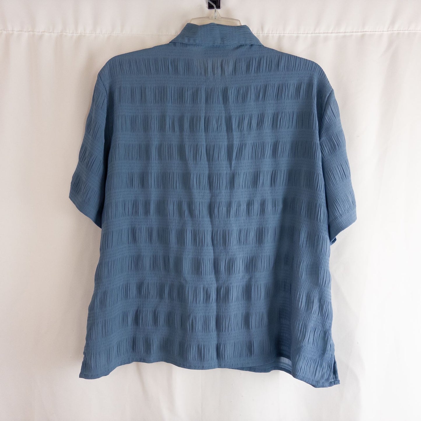 Apparenza vintage pastel blue textured button-up shirt with pointed collar and short sleeves hanging on hanger image 3