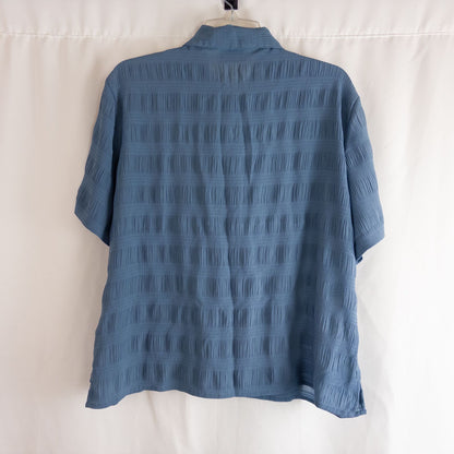 Apparenza vintage pastel blue textured button-up shirt with pointed collar and short sleeves hanging on hanger image 3