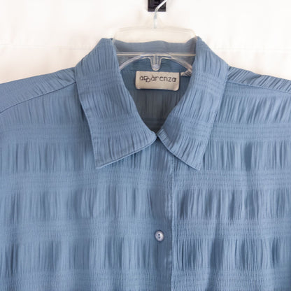 Apparenza vintage pastel blue textured button-up shirt with pointed collar and short sleeves hanging on hanger image 2