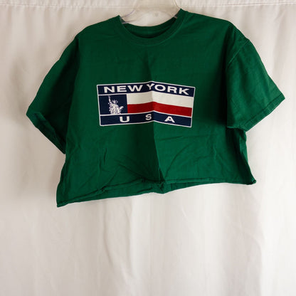 Green Fruit of the Loom vintage cropped t shirt with New York USA graphic and raw hem