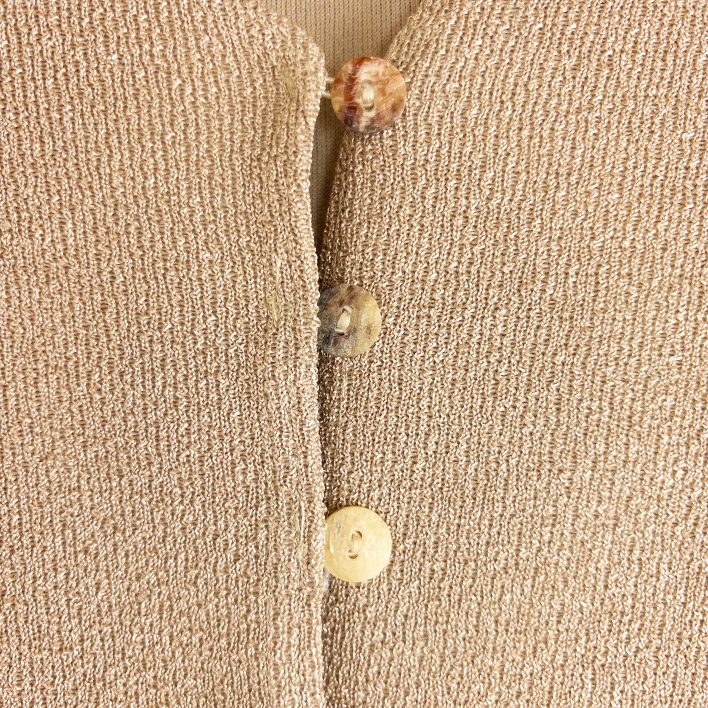 Maria Gabrielle vintage gold cardigan top with shell buttons on hanger image 3