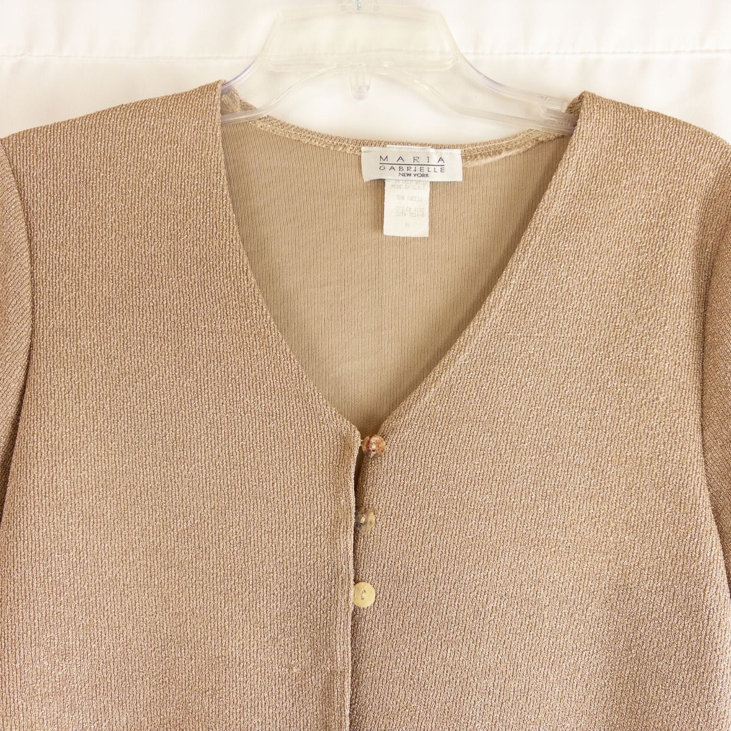 Maria Gabrielle vintage gold cardigan top with shell buttons on hanger image 2
