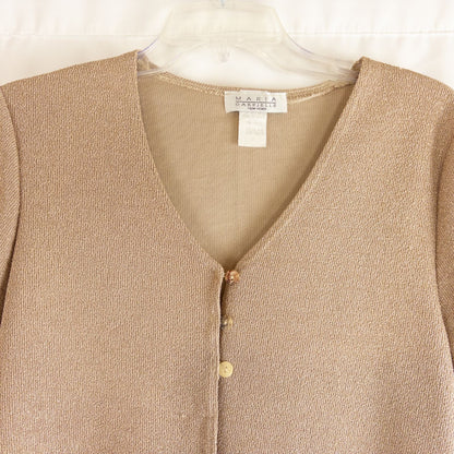Maria Gabrielle vintage gold cardigan top with shell buttons on hanger image 2