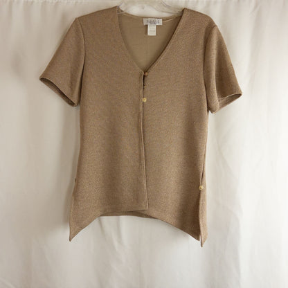 Maria Gabrielle vintage gold cardigan top with shell buttons on hanger