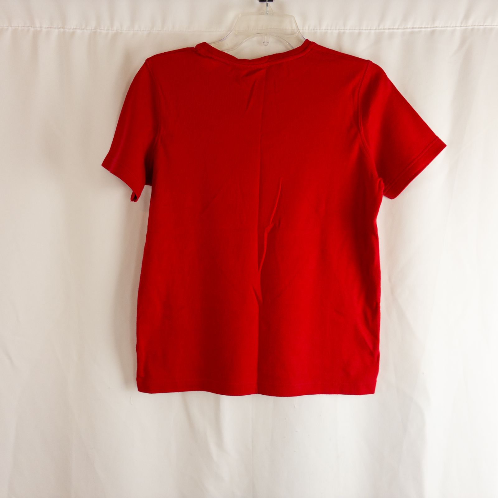 Baxter & Wells vintage red short sleeve t shirt with embroidered logo on chest hanging on clear hanger image 5