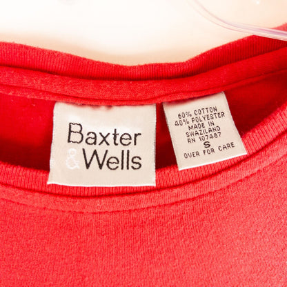 Baxter & Wells vintage red short sleeve t shirt with embroidered logo on chest hanging on clear hanger image 6