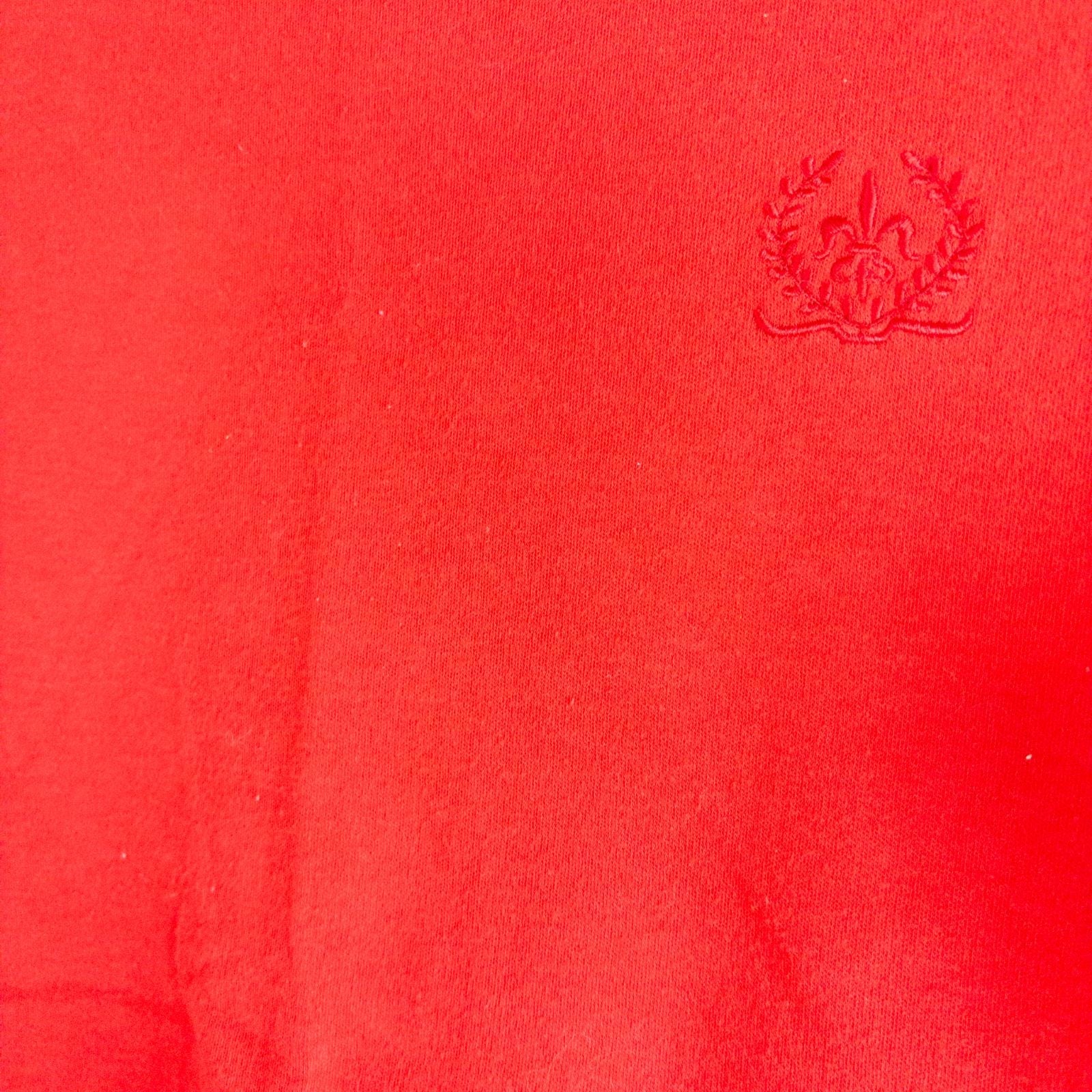 Baxter & Wells vintage red short sleeve t shirt with embroidered logo on chest hanging on clear hanger image 3