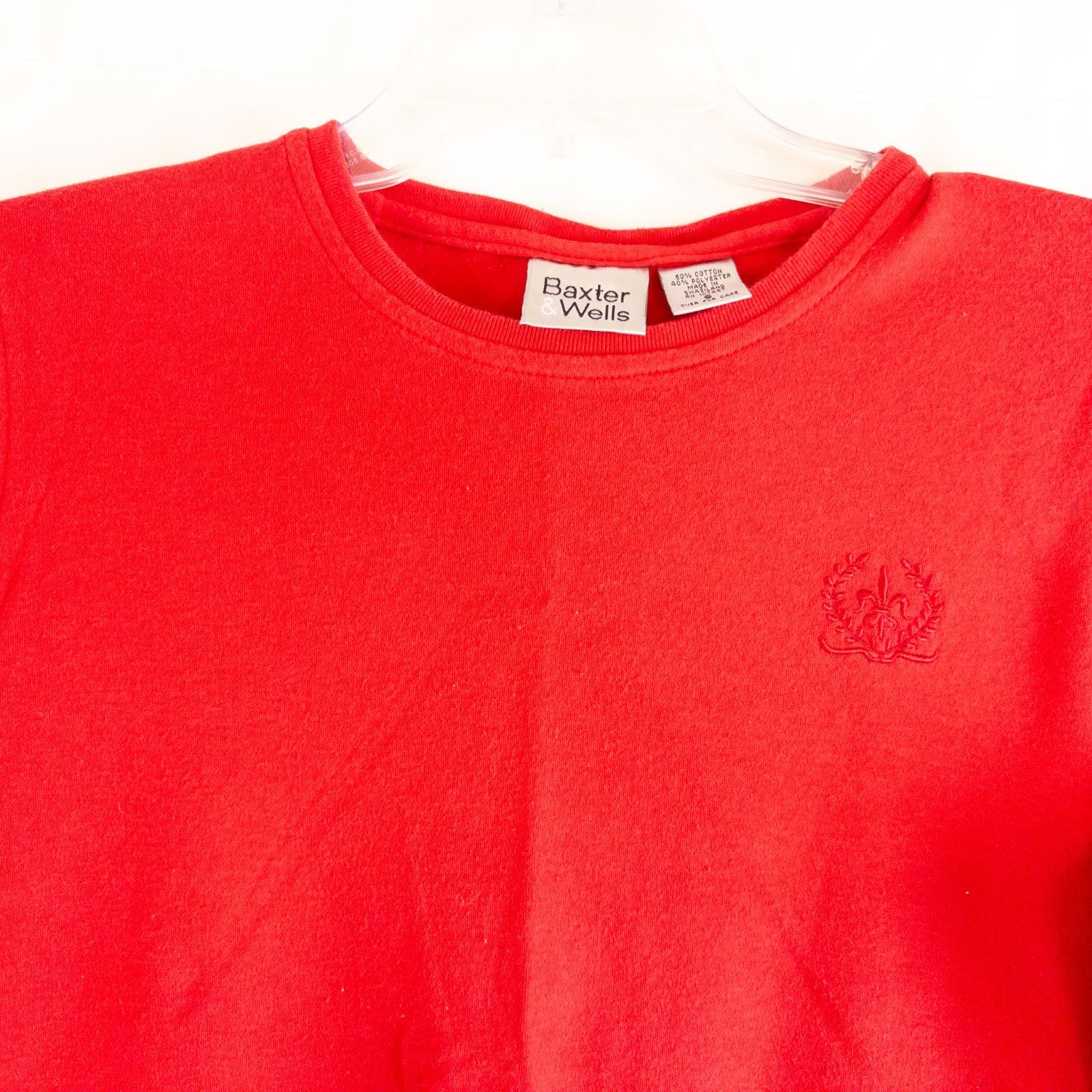 Baxter & Wells vintage red short sleeve t shirt with embroidered logo on chest hanging on clear hanger image 2