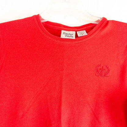 Baxter & Wells vintage red short sleeve t shirt with embroidered logo on chest hanging on clear hanger image 2