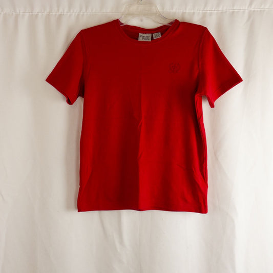 Baxter & Wells vintage red short sleeve t shirt with embroidered logo on chest hanging on clear hanger