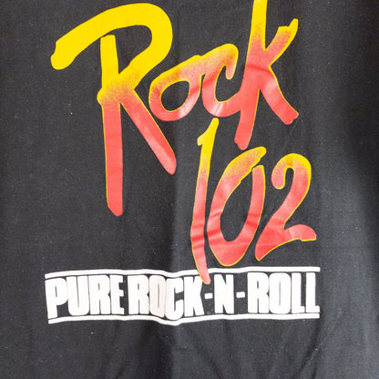 Jerzees vintage Rock 102 black graphic t-shirt mens size xlarge front and back views with close details and tag image 3