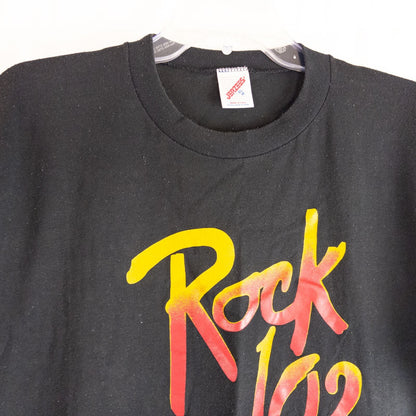 Jerzees vintage Rock 102 black graphic t-shirt mens size xlarge front and back views with close details and tag image 2