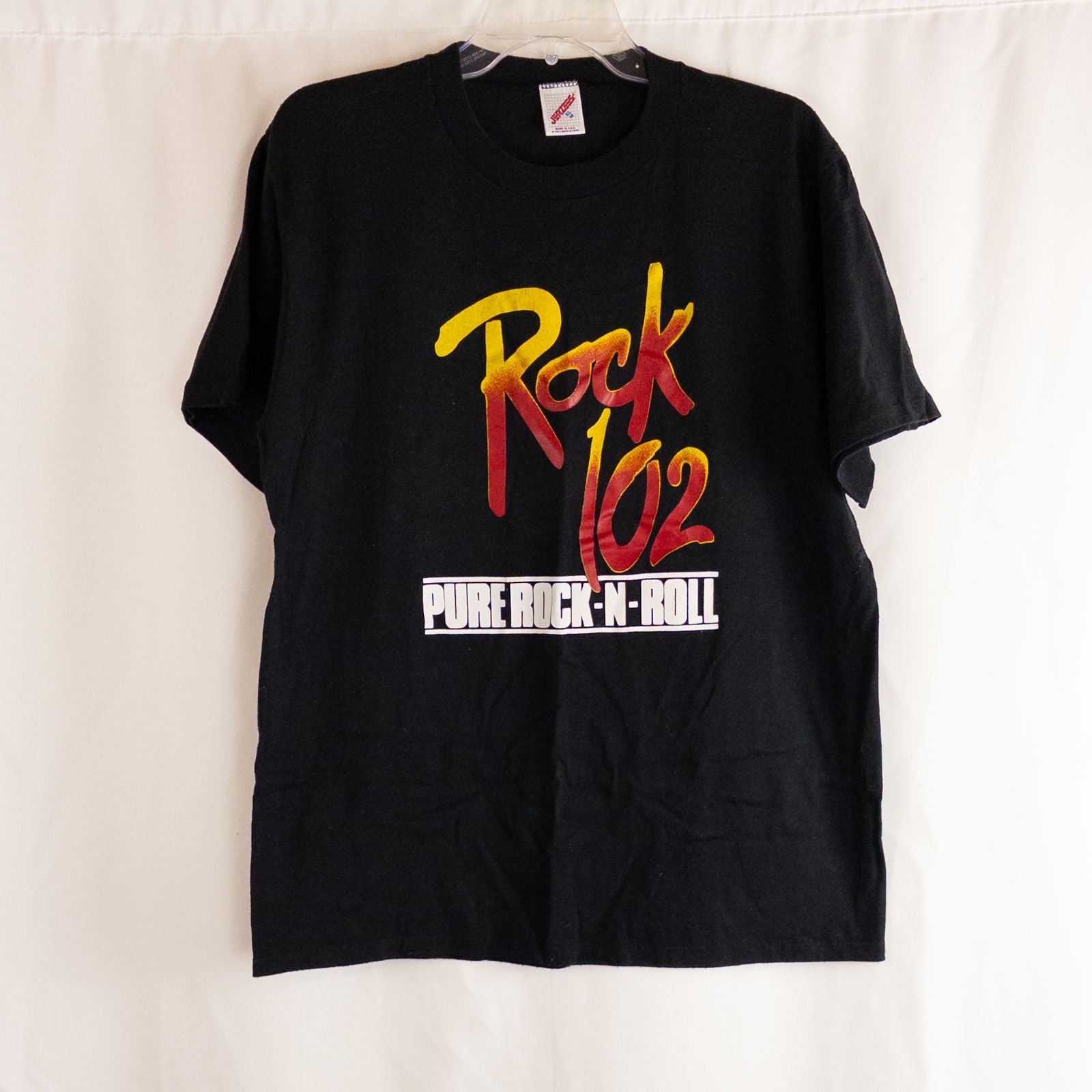 Jerzees vintage Rock 102 black graphic t-shirt mens size xlarge front and back views with close details and tag