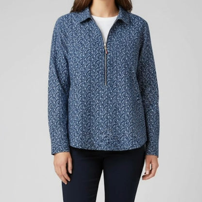 Tommy Hilfiger Blue Floral Quarter Zip Shirt Womans Large