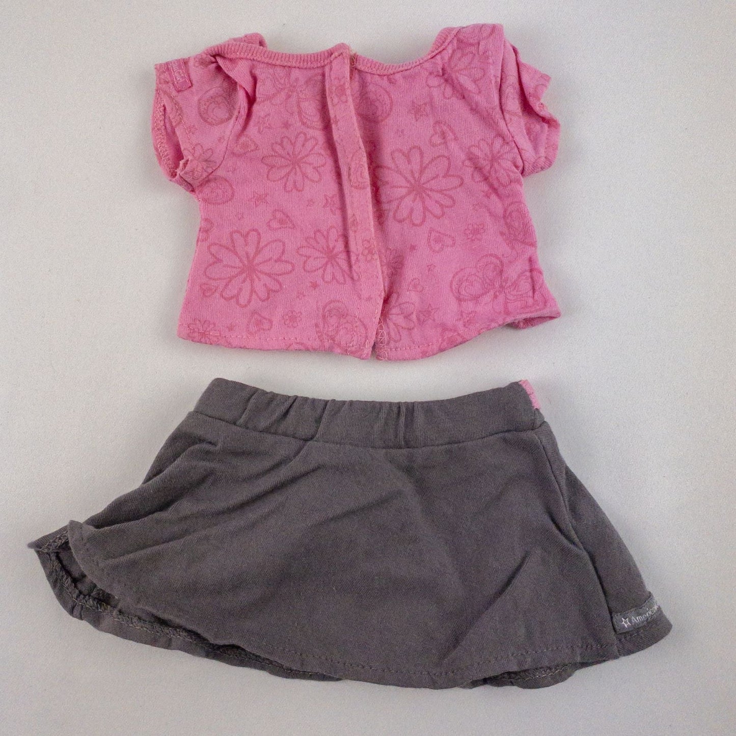 American Girl Pink Shirt Skirt Underwear Boots Outfit with Dog Collar and Holiday Slippers in laid flat display on white background image 3