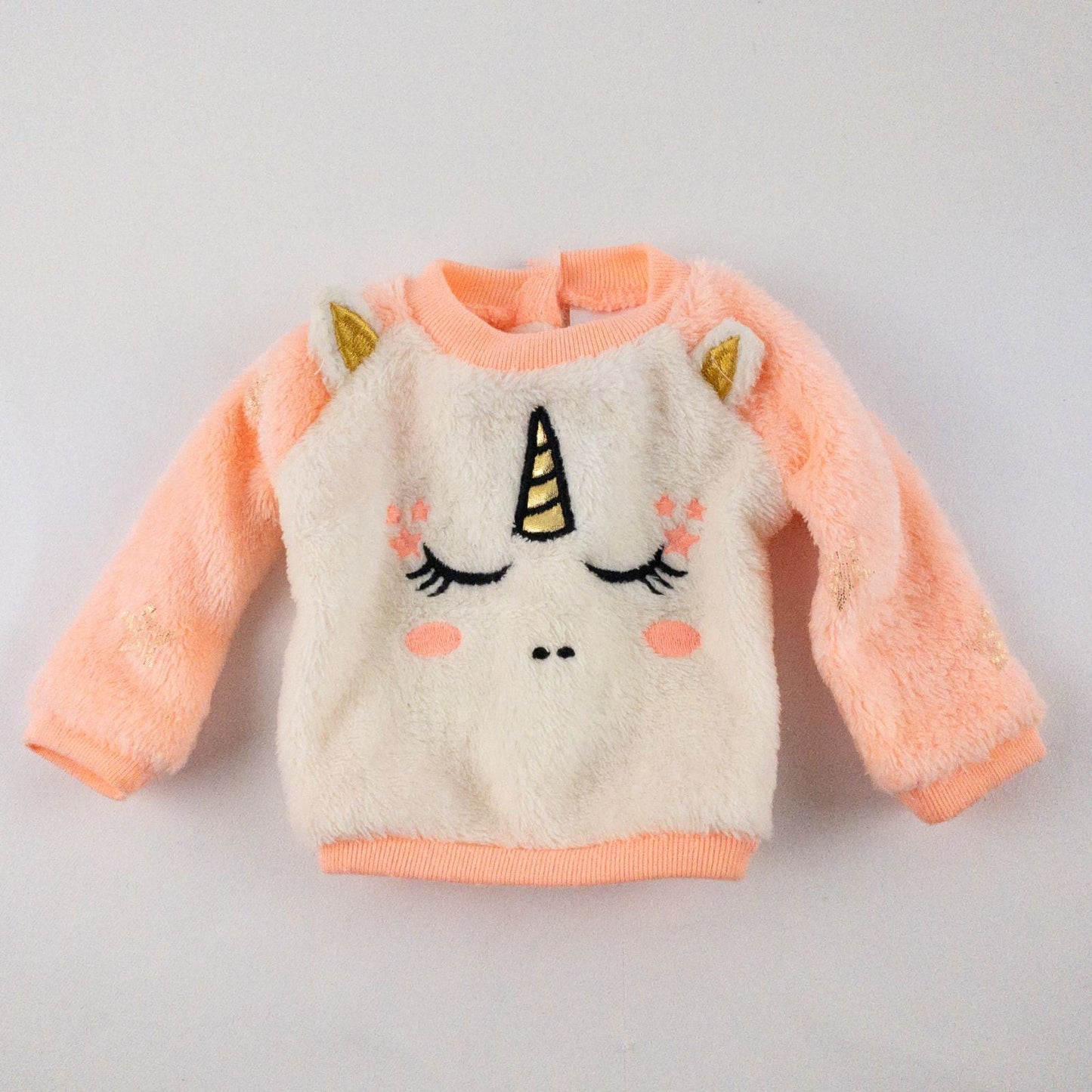 Members Mark pink and white fleece unicorn doll outfit including top with unicorn face and matching pink pants image 2