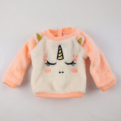 Members Mark pink and white fleece unicorn doll outfit including top with unicorn face and matching pink pants image 2
