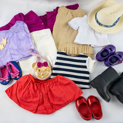 Lot of 13 Battat Our Generation doll clothing shoes and accessories in multiple colors including purple, red, gold, and blue