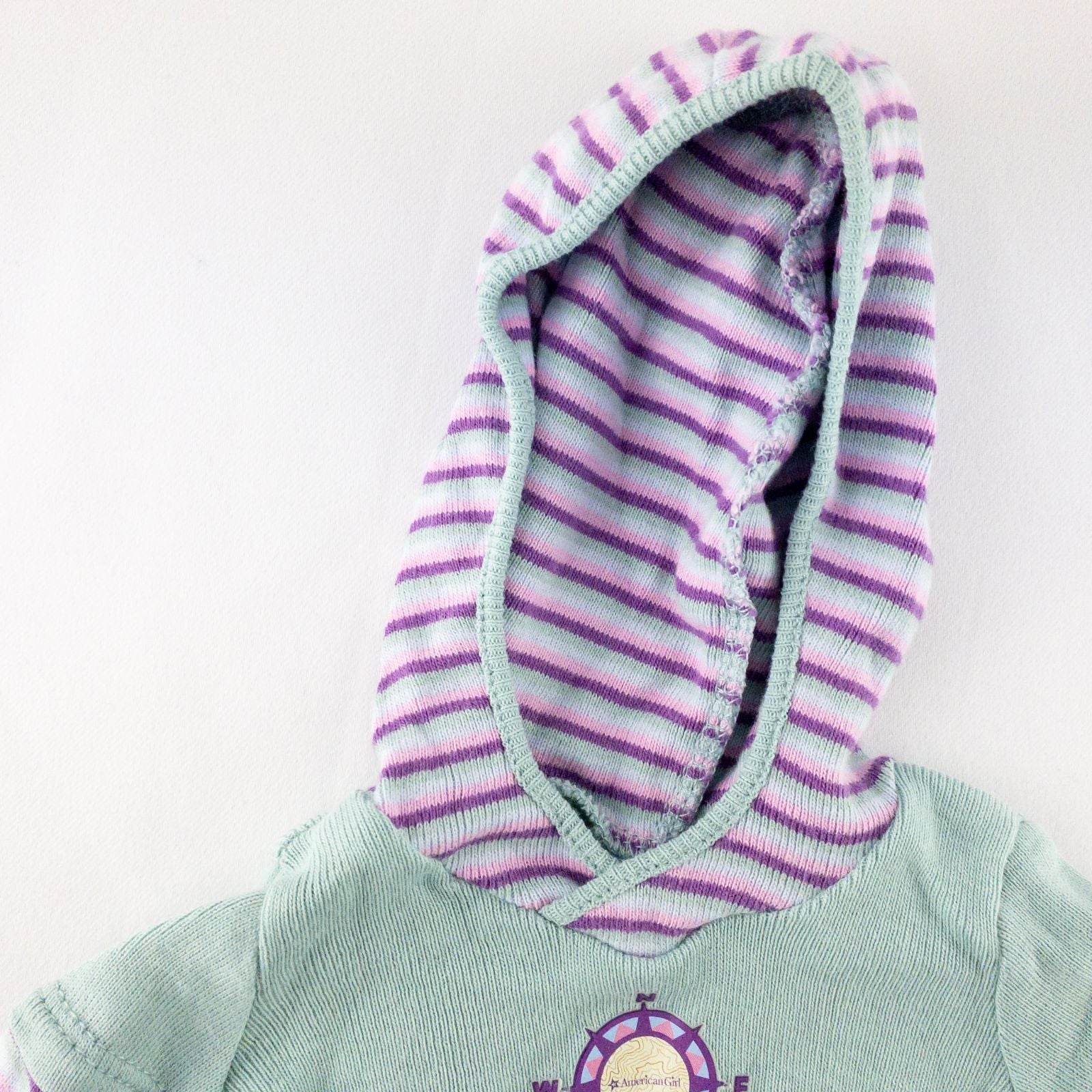 American Girl Adventure Outfit teal purple striped hoodie doll top front and back views with label and condition details image 3