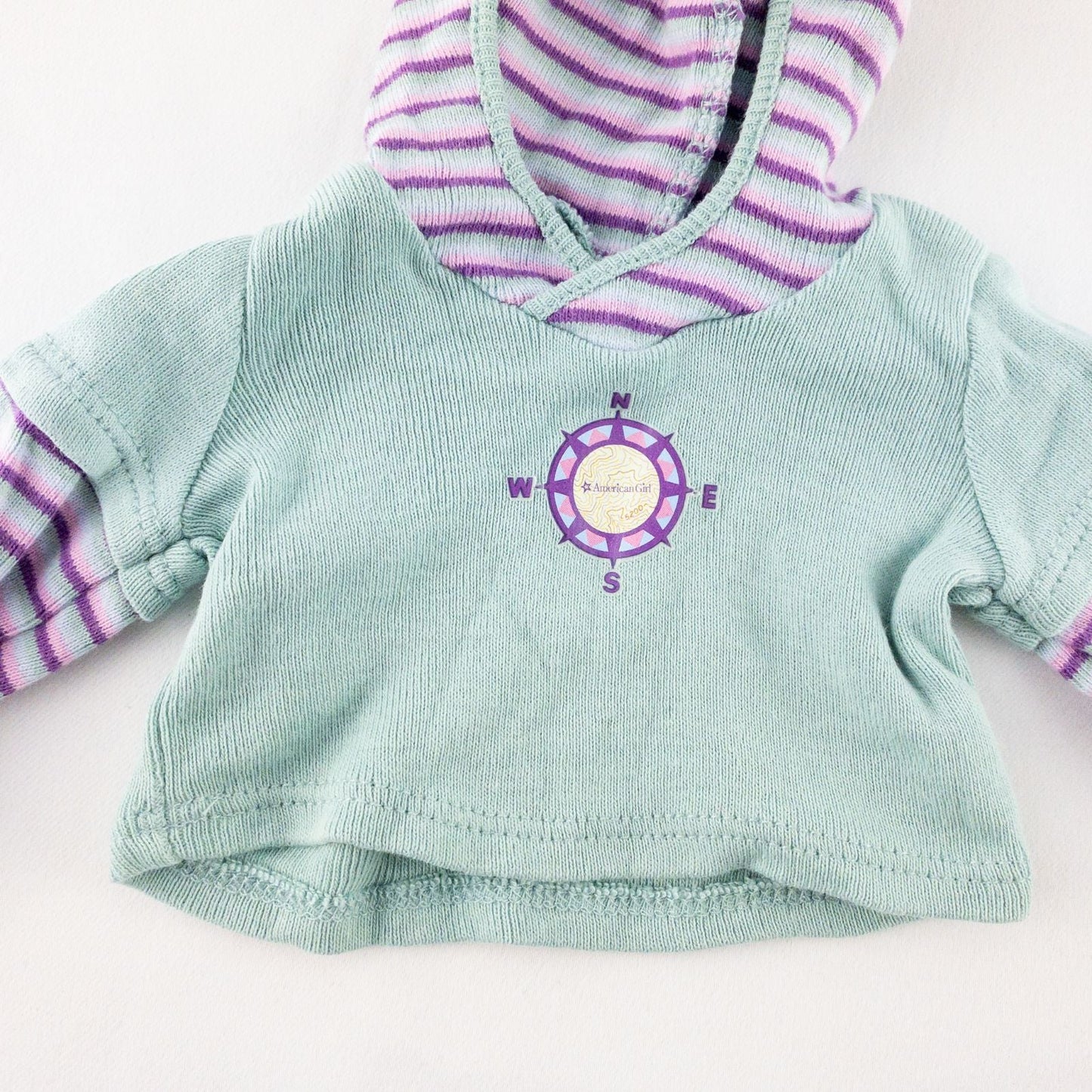 American Girl Adventure Outfit teal purple striped hoodie doll top front and back views with label and condition details image 2
