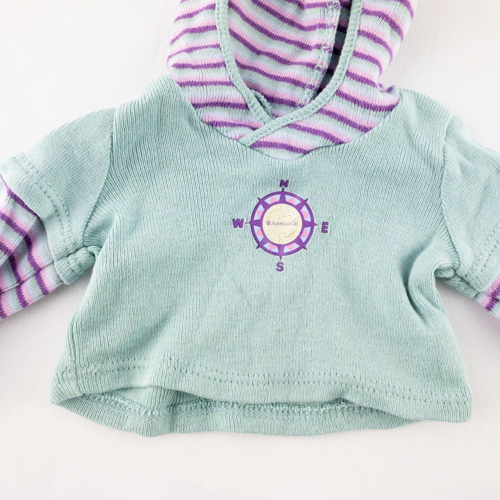 American Girl Adventure Outfit teal purple striped hoodie doll top front and back views with label and condition details image 2