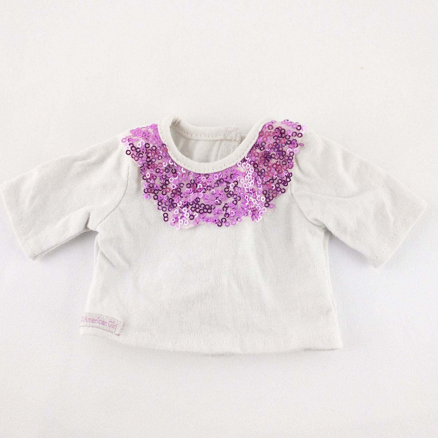 American Girl Sparkle Sequin white top with pink and purple sequin collar detail