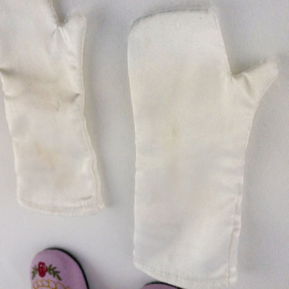 American Girl purple floral gown dress set with satin belt, white gloves, and matching shoes laid flat image 13