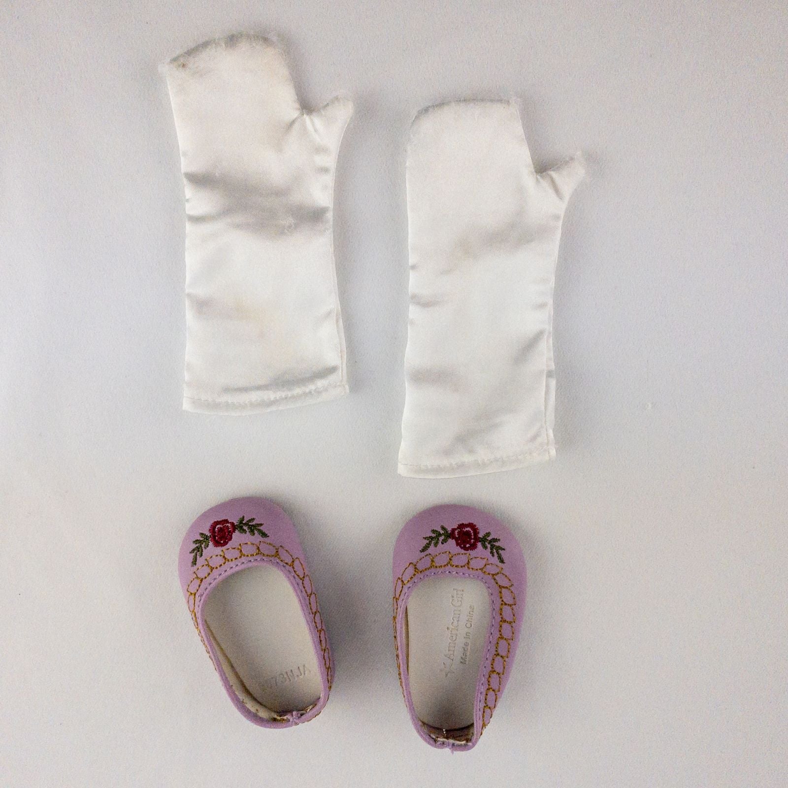 American Girl purple floral gown dress set with satin belt, white gloves, and matching shoes laid flat image 11