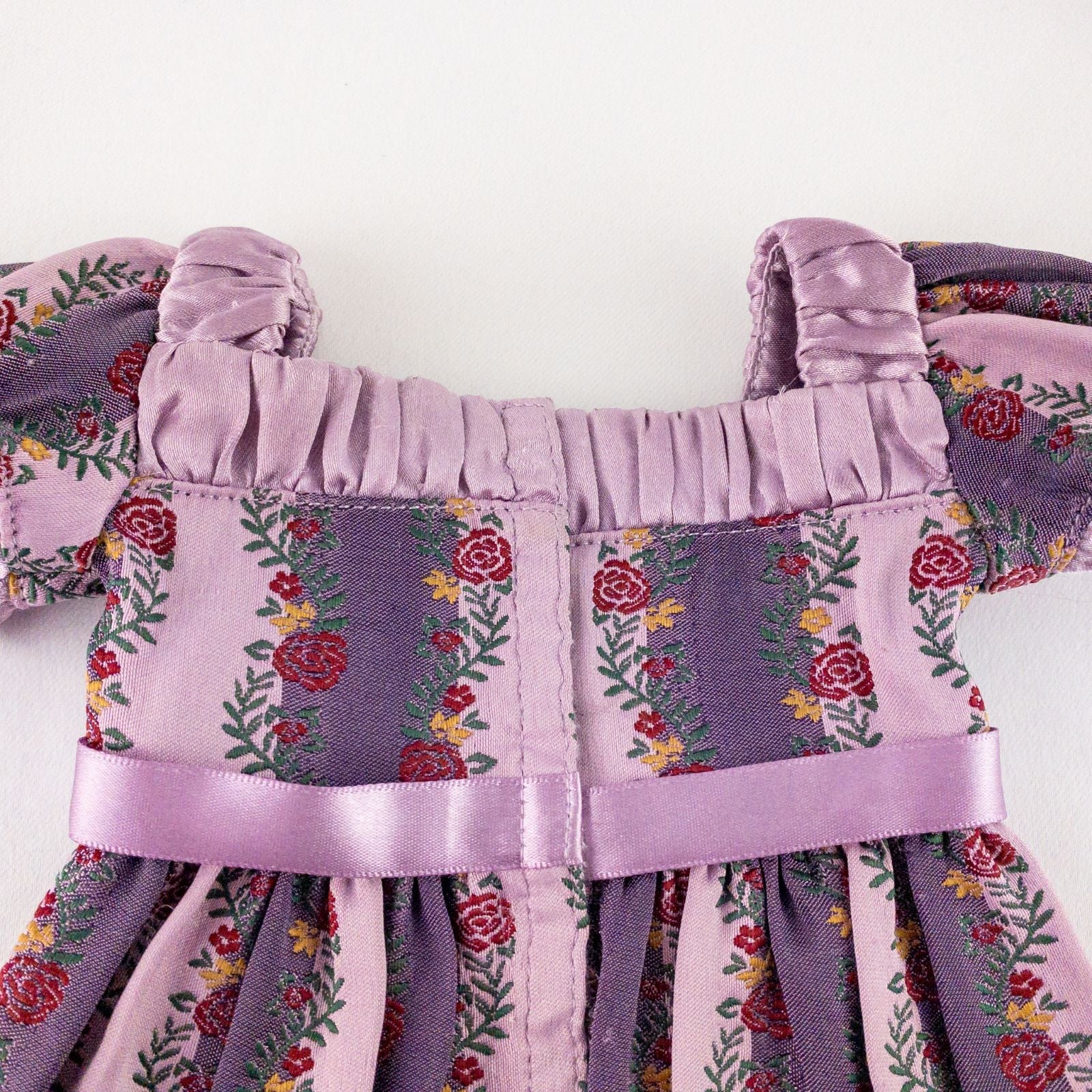 American Girl purple floral gown dress set with satin belt, white gloves, and matching shoes laid flat image 6