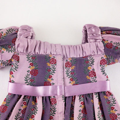 American Girl purple floral gown dress set with satin belt, white gloves, and matching shoes laid flat image 6