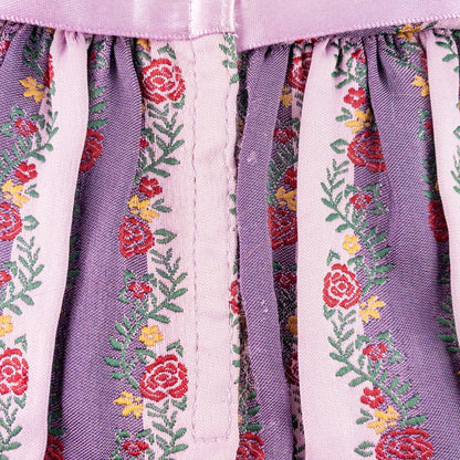American Girl purple floral gown dress set with satin belt, white gloves, and matching shoes laid flat image 7