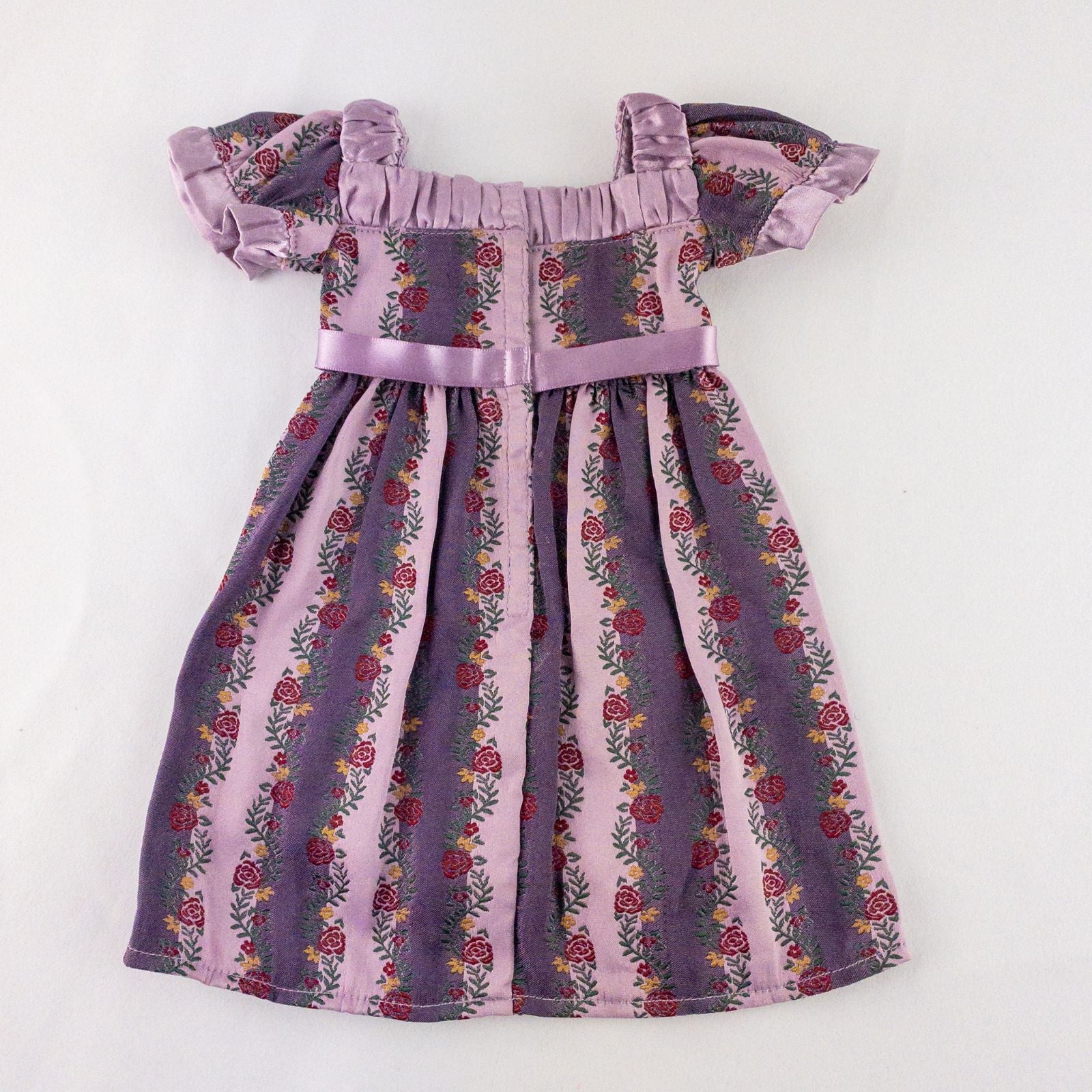 American Girl purple floral gown dress set with satin belt, white gloves, and matching shoes laid flat image 5