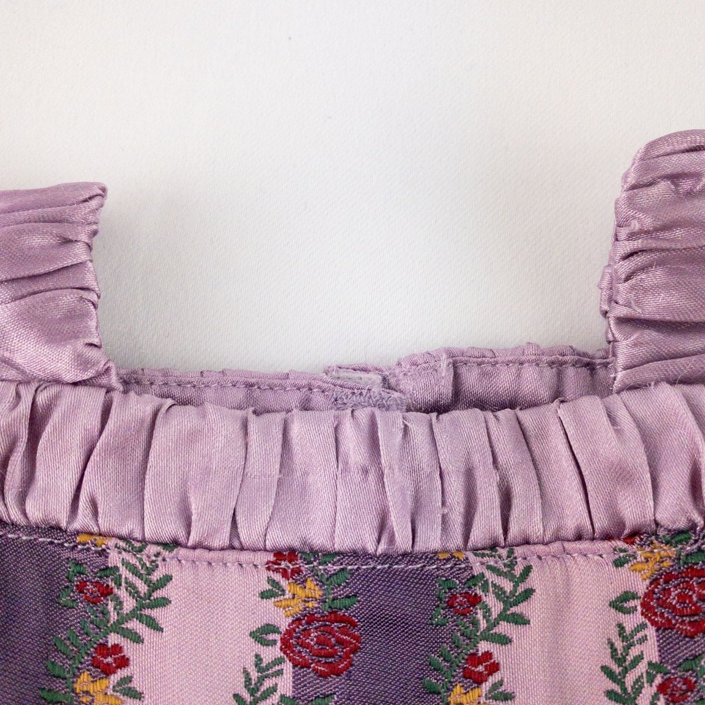 American Girl purple floral gown dress set with satin belt, white gloves, and matching shoes laid flat image 4