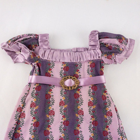 American Girl purple floral gown dress set with satin belt, white gloves, and matching shoes laid flat image 2