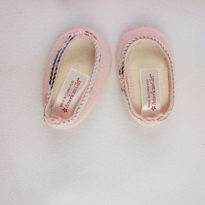 American Girl pink ballet dress with sequin bodice and tulle skirt with matching slippers laid flat on white background showing front and back details image 12