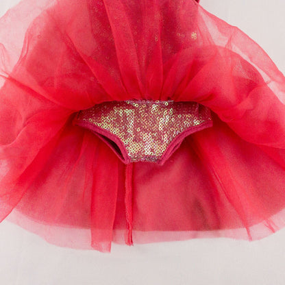 American Girl pink ballet dress with sequin bodice and tulle skirt with matching slippers laid flat on white background showing front and back details image 5